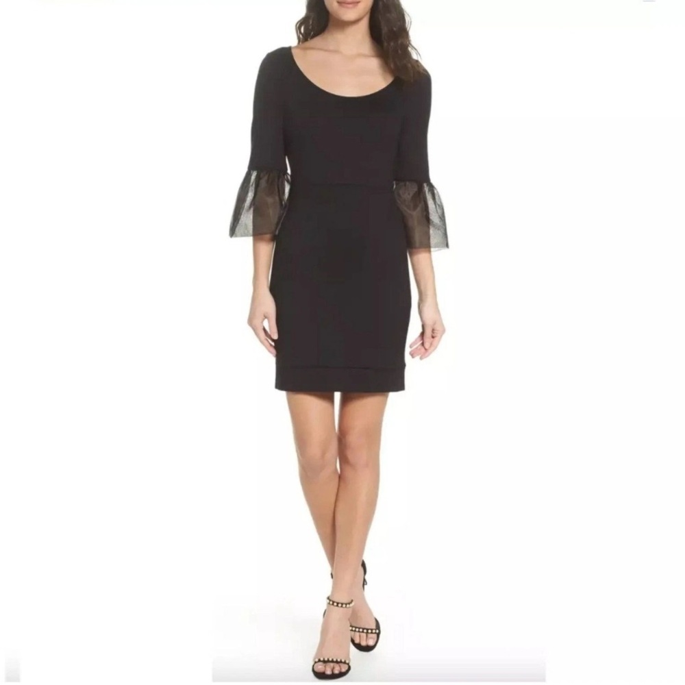 French Connection Women's Mesh Lula Stretch Bell Sleeve Mini Dress Black 10 EUC